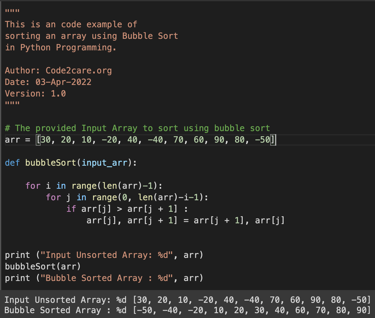 Sorting an array using Bubble Sort in Python Programming